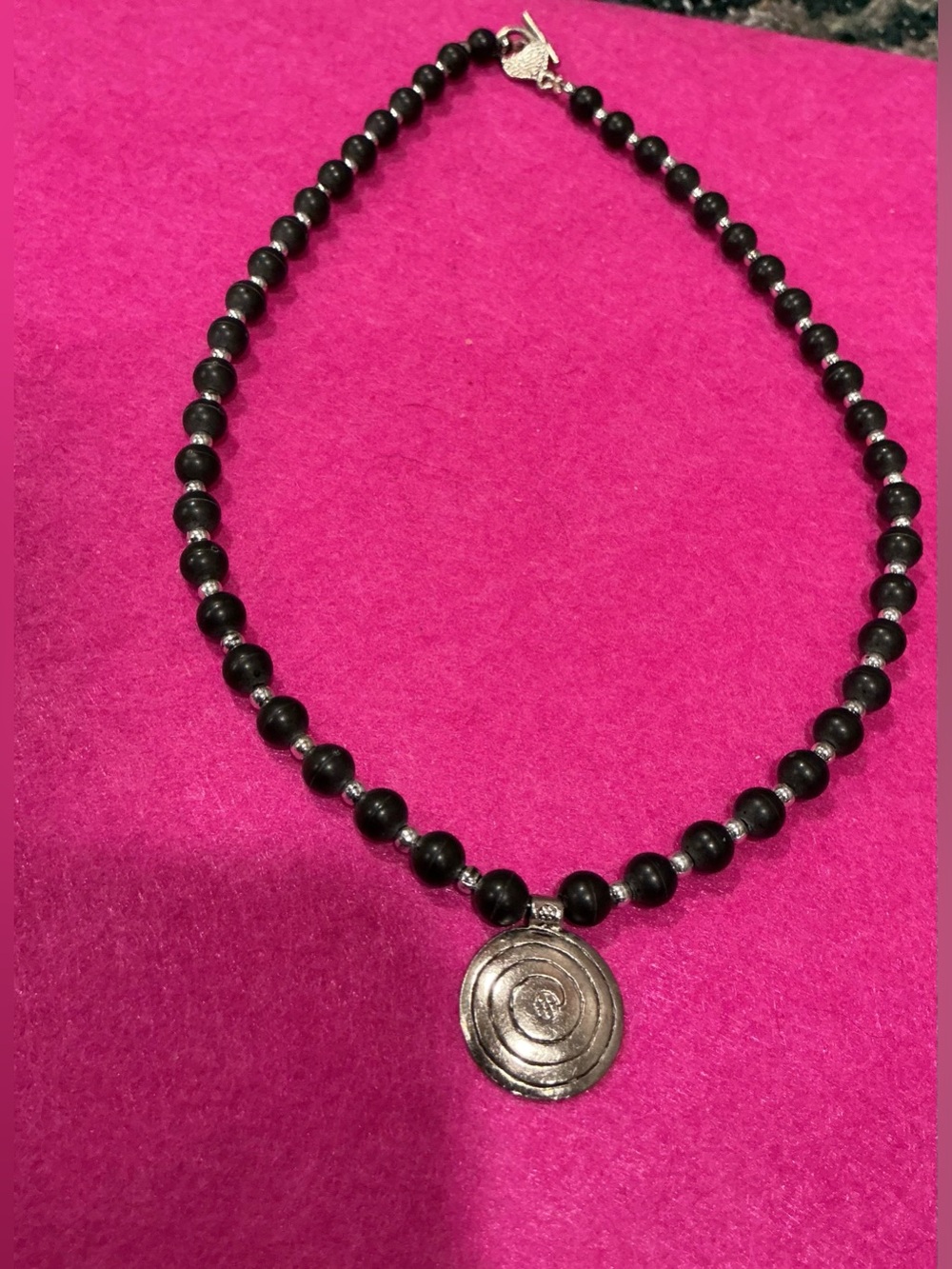 Black Beaded Necklace with Silver Spiral Pendant - Women Jewelry